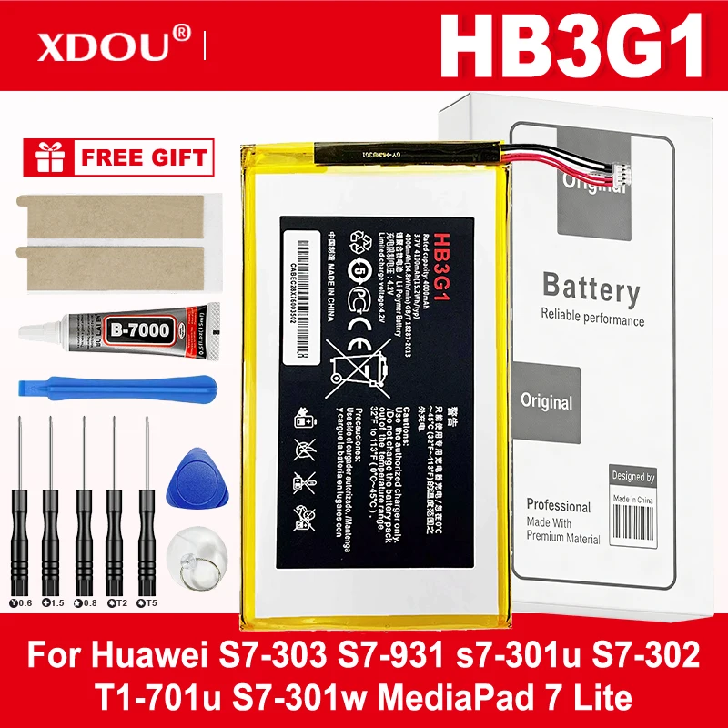 100% New HB3G1 HB3G1H Battery 4000mAh For Huawei S7-303 S7-931 T1-701u S7-301w MediaPad 7 Lite s7-301u S7-302 + Free Tools