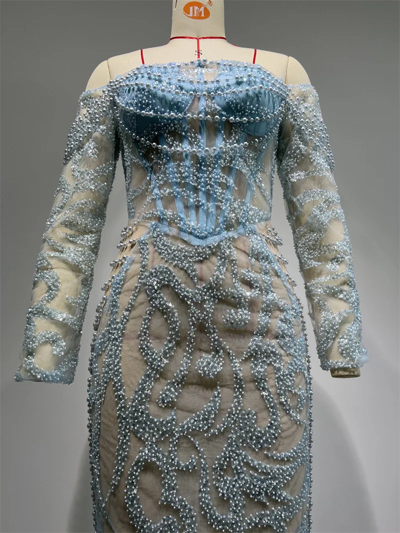 2025nova chegada requintado bordado frisado sexy sheer strapless fora do ombro vestido elegante vestido de festa