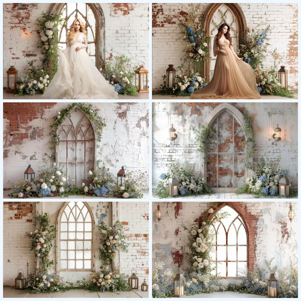 

Mehofond Spring Backdrop Rustic Brick Wall Floral Window Wedding Maternity Background for Photography Photo Studio Photocall