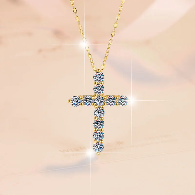 

Noble 18K white gold and platinum PT950 women's necklace retro moissanite pendant guarding peace cross clavicle chain