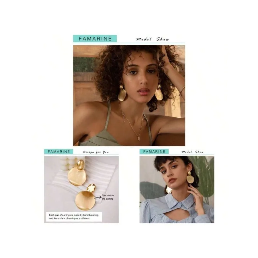 

Big Disc Drop Earrings Gold Dangle Earrings Round Hammered Earrings Women
