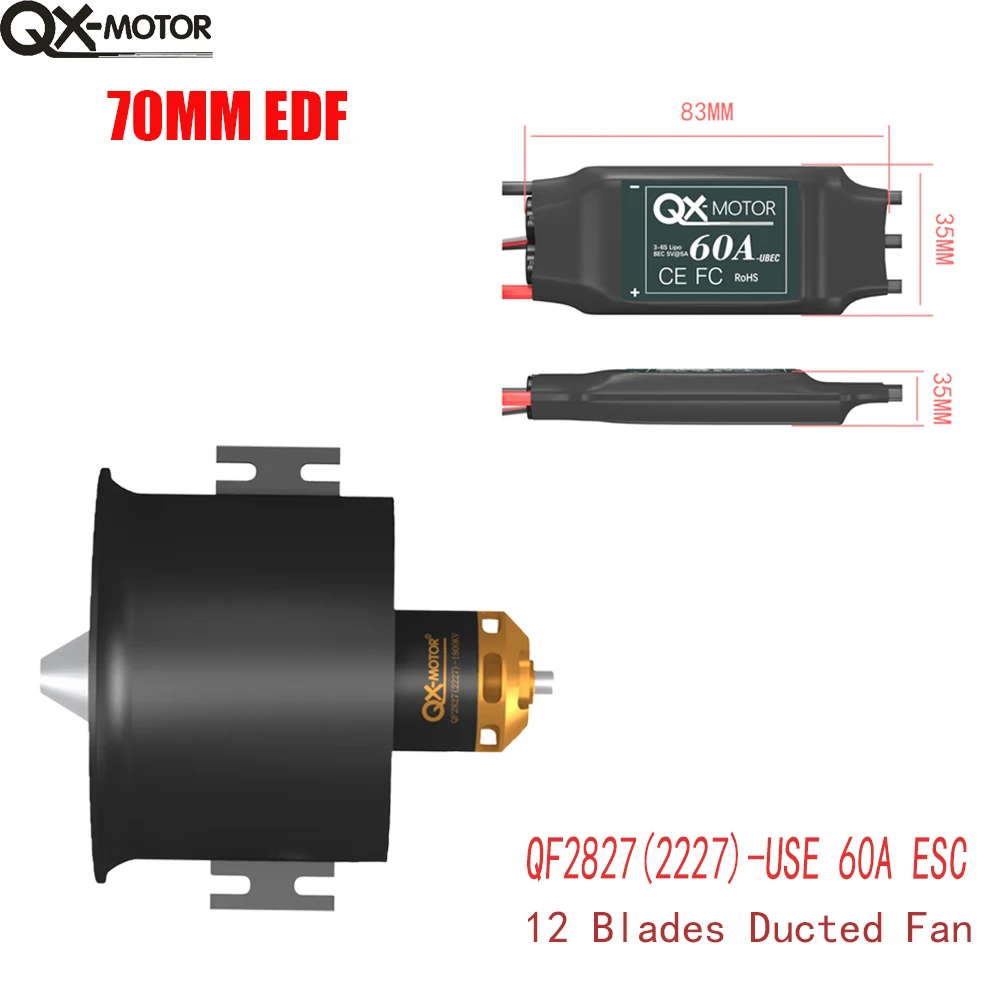 

QX-Motor 70MM EDF 12 Blades Ducted Fan QF2827 1800KV 2600KV Brushless Motor With 60A/80A ESC For RC Airplane Drone Model