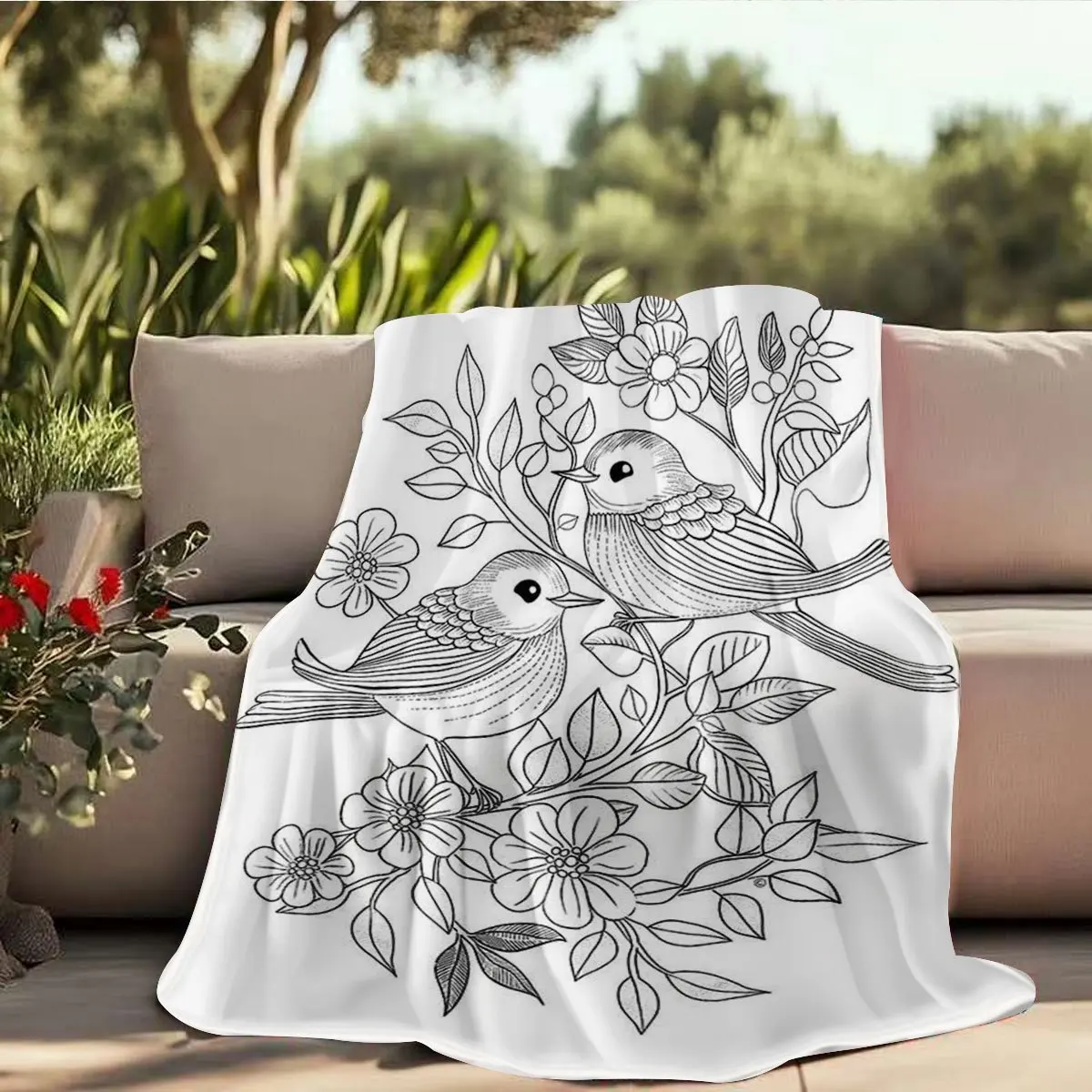 Black Line Sketch Two Little Birds Flower Branch Print Blanket Light Flannel Throw For Couch Office,Minimal Sketch Daily Blanket