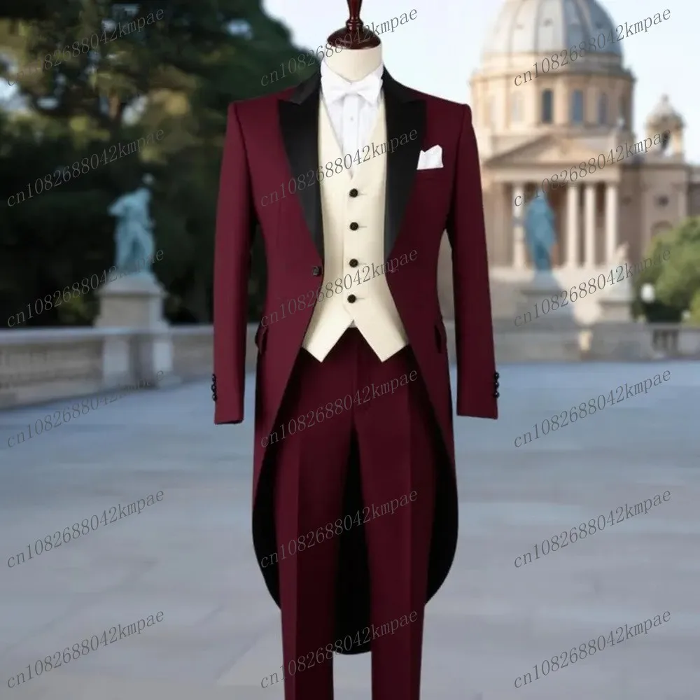 

New Burgundy Long Jacket Business Formal Men Suit Groom Groomsman Wedding Party Prom Male Tuxedos 3 Piece Set Blazer Vest Pants