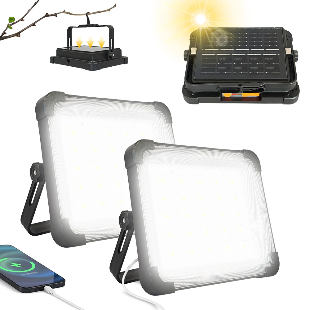 300W Solar-Arbeitsleuchte, Tragbare Flutlichtlampe mit Ständer - 5 Modi Wasserdichte Wiederaufladbare Außenlampe für Baustelle, Campingzelt