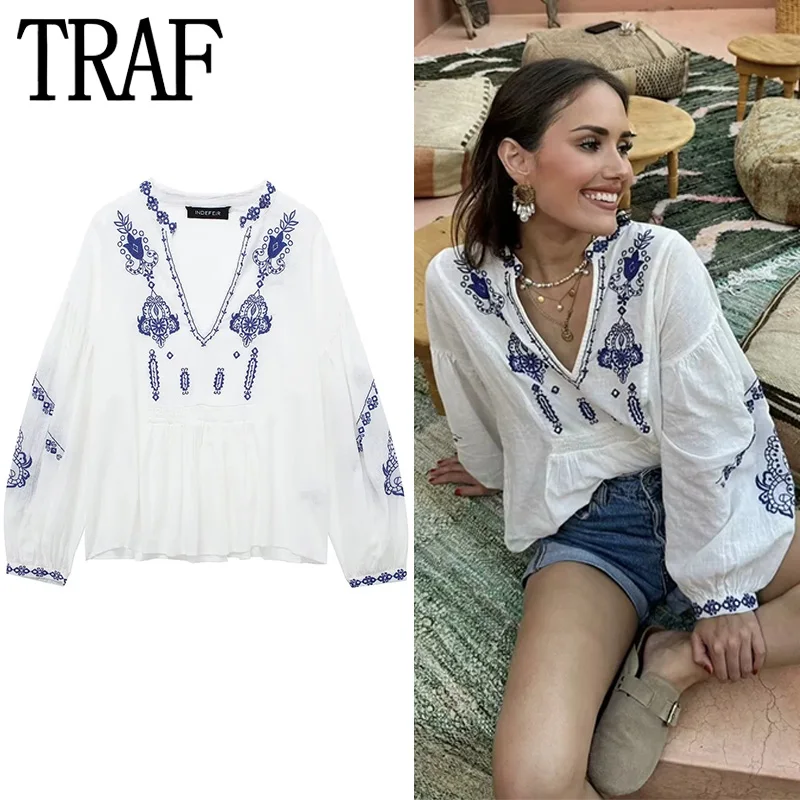 TRAF Embroidered Blouses For Women Boho White Blouse Woman Long Sleeve Vintage Blouse Female Summer Casual Youth Women\'s Blouses