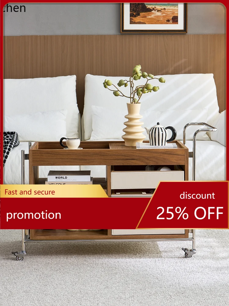 

CZ Living Room Sofa Side Table High-End Feel Movable Creative Vintage Style Walnut Small Trolley