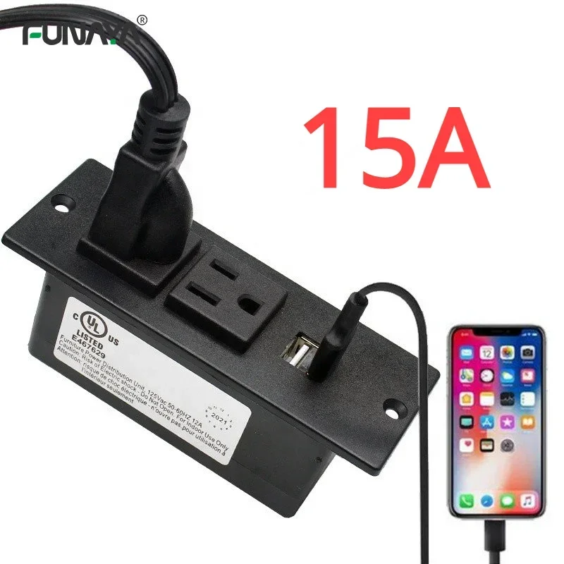 UL 15A Table Sockets Power Strip Desk Furniture with 2 Outlets 2 3 USB Ports 2.1A  AC 110V 220V Black Hidden 2m Strip Socket