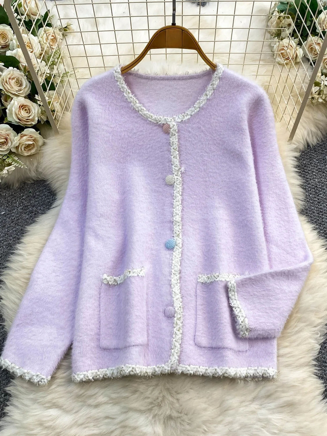 Elegant round Neck Knitted Outerwear Women's Autumn Winter  Soft Silk Shiny Velvet Fashion Commute Style Coat