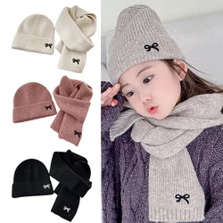 2Pcs Winter Kids Girl Hat Scarf Set Bows Embroidery Children Knitted Hat Scarves Suit Solid Color Kids Beanie Cap for Girls 3-8Y