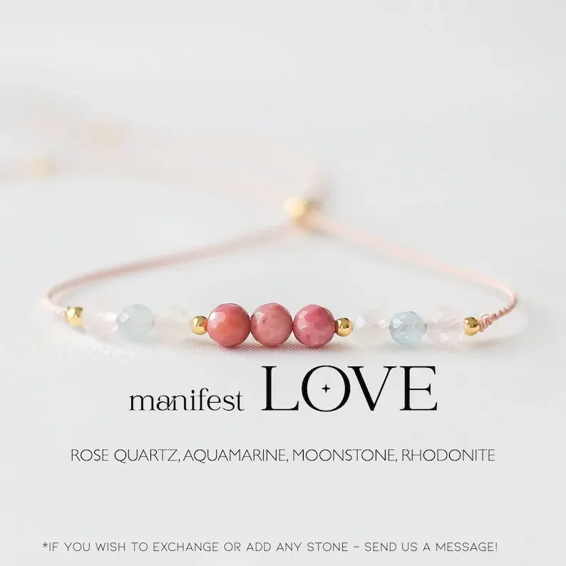 Love embodies crystal bracelet, attract love, self-love, rose quartz, aquamarine, moonstone, rose pyroxene