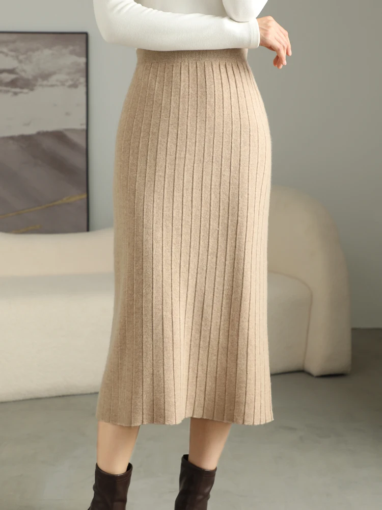 

Formal Women's Bag Skirt 100% Merino Wool Skirt Autumn Winter Warm Knitted High Waisted Small Pleated Skirt Slim Straight Dress