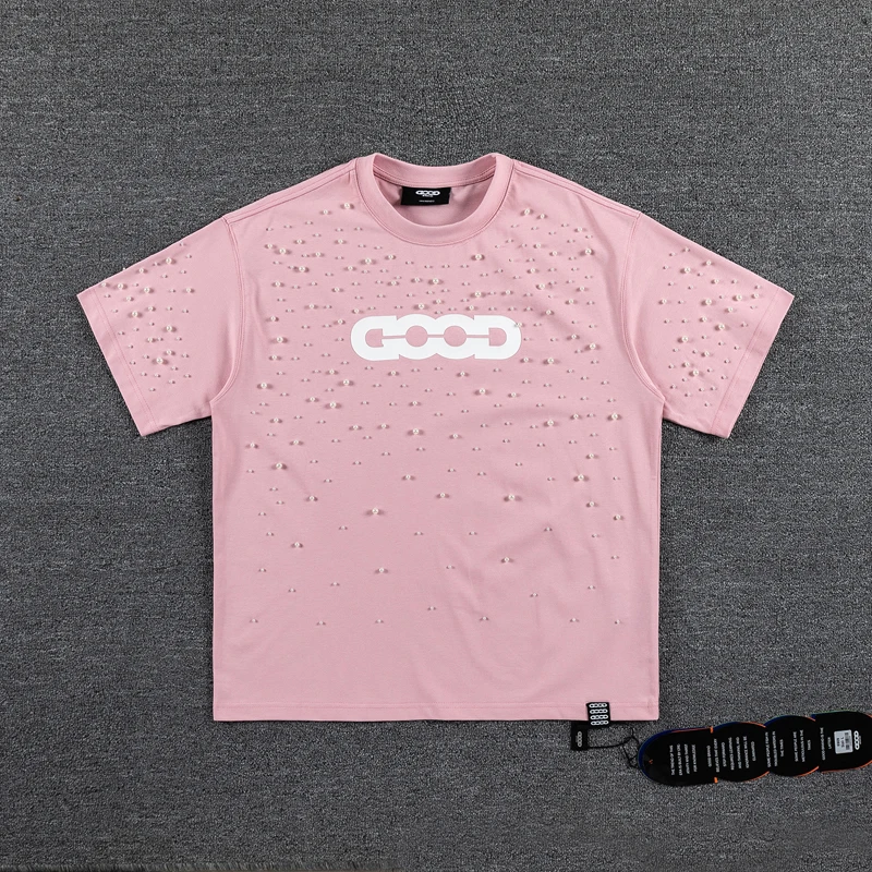 High Quality Classic Letter Pearl Embellishment GOODBRAND Tshirt Summer Street Short Sleeve Casual Breathable Men Women Outfit