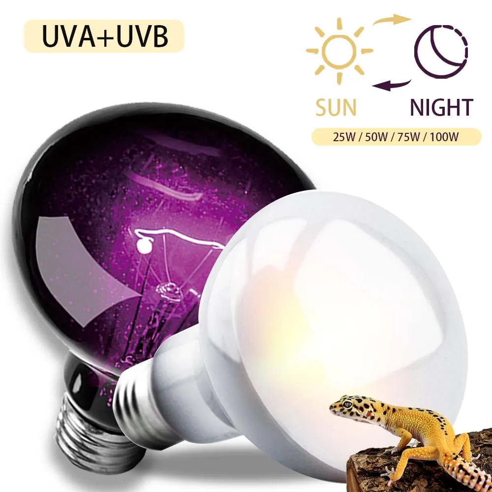 220-240V Reptile Night Sun Lamp UVA UVB Light 25/50/75/100W Self-Ballasted Vapor Basking Spot Pet Heat Bulb for Amphibian Warmer