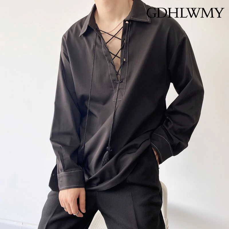 GDHLWMY Dark personality strap tassel bright thread contrasting loose collared long sleeved shirt