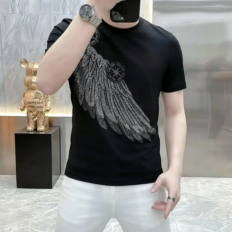 Luxury Winged Rhinestone Men's Short Sleeved T-shirt Ice Silk Breathable Casual Business Social T-shirt O-neck Versatile Fun Top
