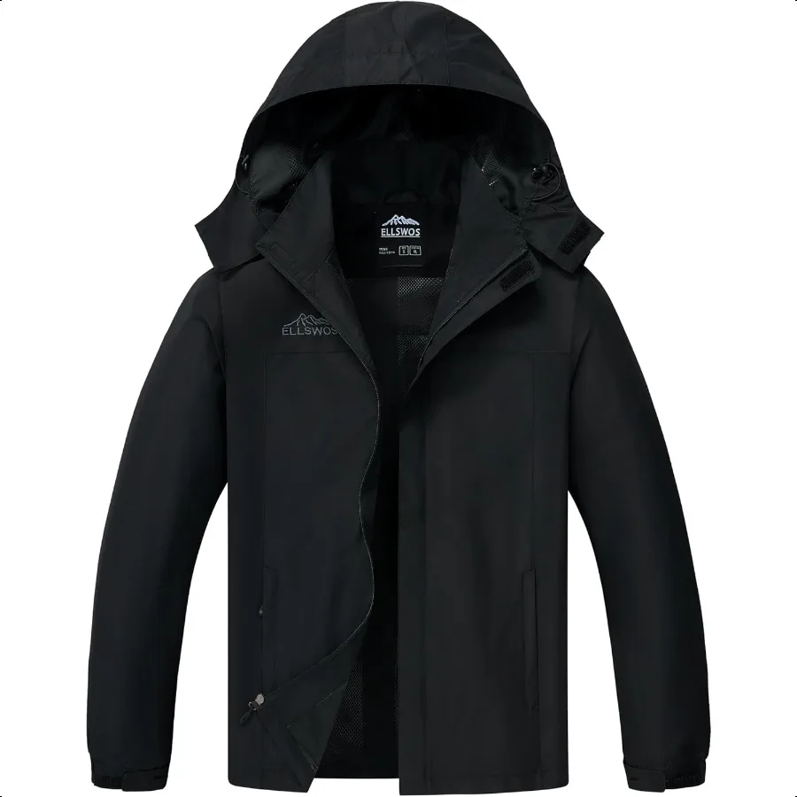 

ELLSWOS Мужской водонепроницаемый плащ, легкая куртка-дождевик со съемным капюшоном, софтшелл, ветровка для пеших прогулок, путешествий