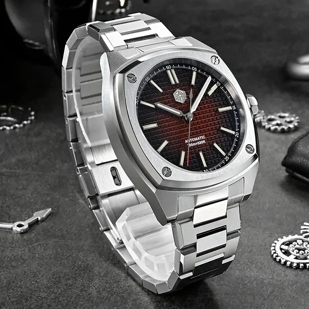 

Мужские автоматические часы San Martin, 39,5 мм, квадратные механические наручные часы, сапфировое стекло, водонепроницаемость 100 м, BGW-9, светящийся градиентный циферблат, PT5000