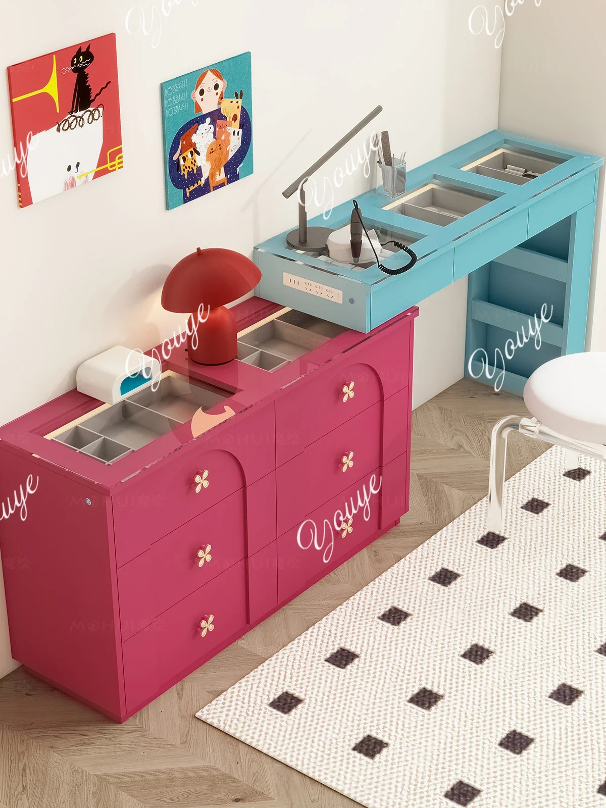 Gi 2-in-1 Dresser Nail Art Makeup Table Cabinet Dresser Cream Wind Desk Storage Cabinet Combination Contrast Color