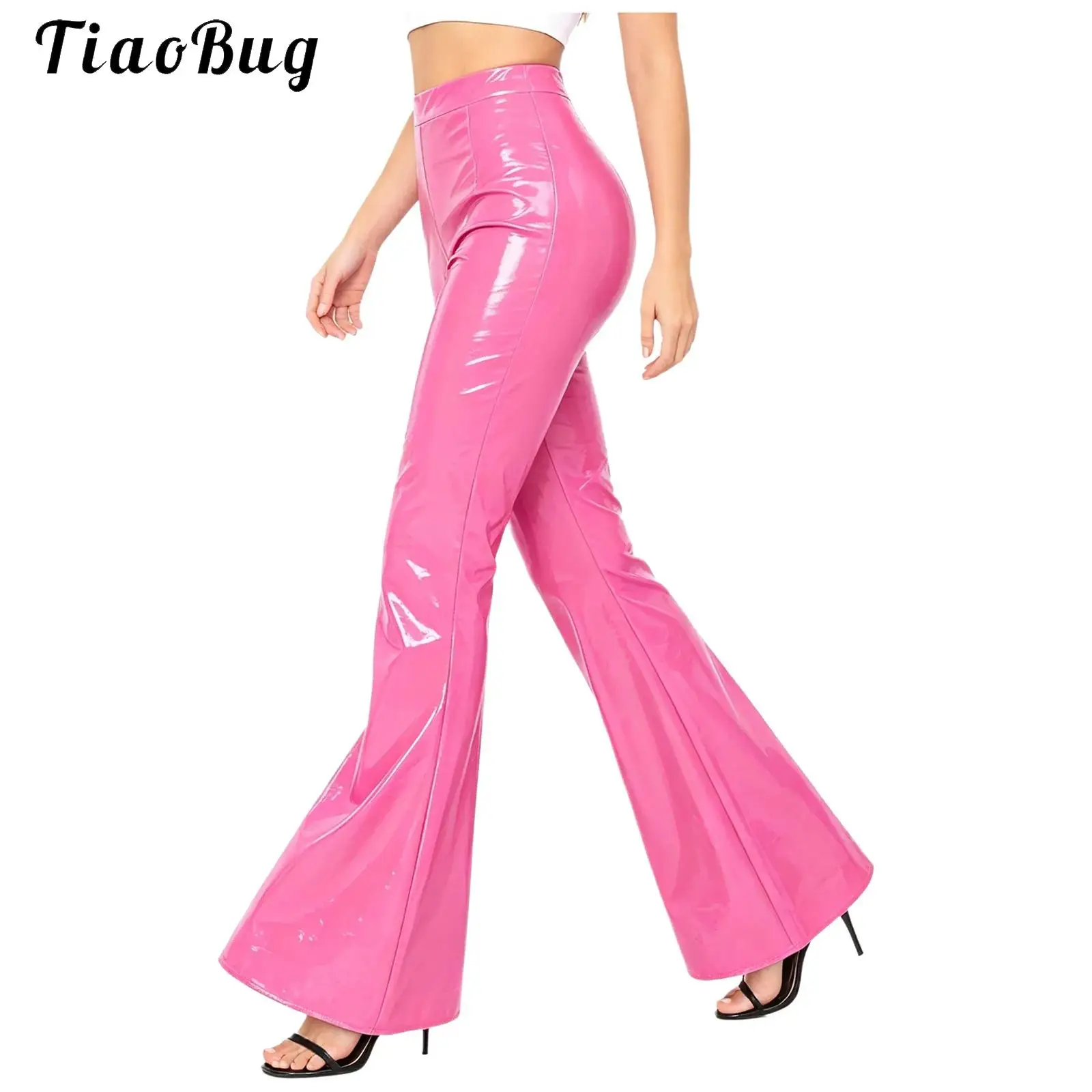 Women Glossy PU Leather Pants High Waist Back Ruched Trousers Wet Look V-shaped Bell Bottom Long Pants Clubwear