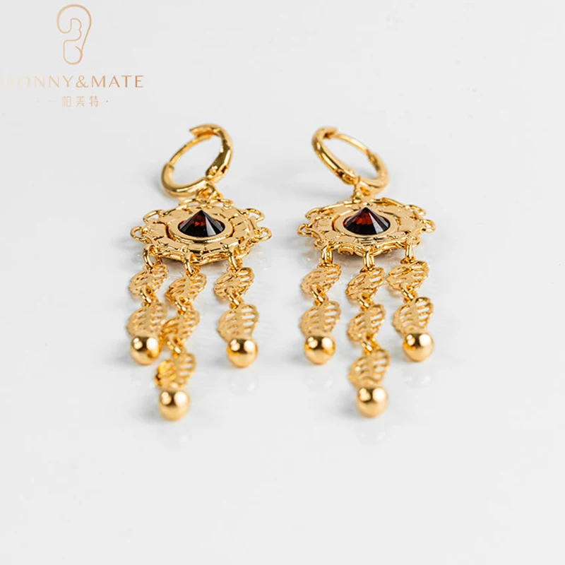 Hot Selling Fashion Jewelry 24K Gold Plated Ruby Classic Religious Vintage Cutout Pendant Earrings For Women