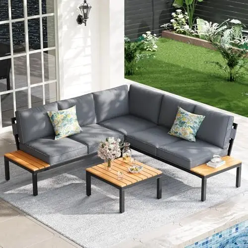 

5-Person Outdoor Patio Furniture Set, Durable Metal Frame Outdoor Sectional with Wood-Look Table & Waterproof Cushions