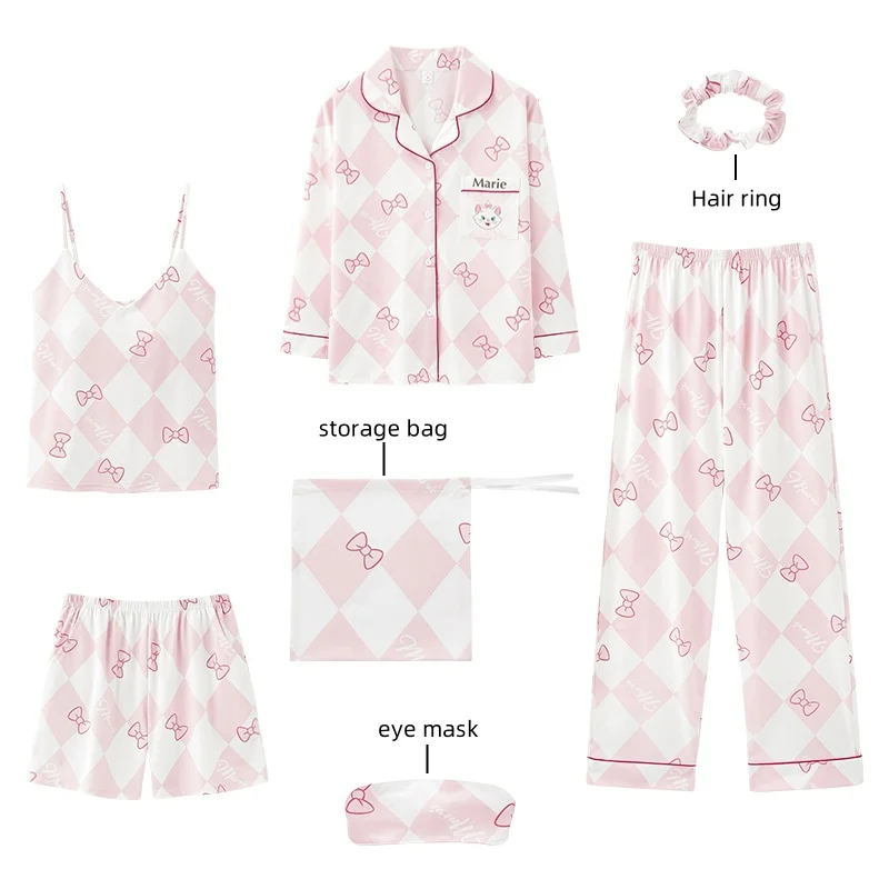 

7Pcs Kawaii Disney Marie Cat Pajamas for Women Summer Cartoon Home Clothes Set Can Be Worn Outside Suspender Pajamas 7-Piece Set