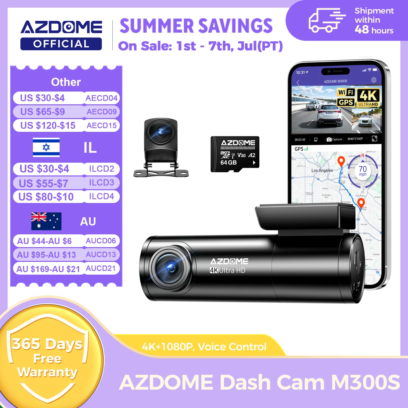 Cámara para Auto AZDOME M300S 4K+1080P, Cámara Trasera para Auto, Lente de 800MP, GPS Integrado, WIFI, DVR para Auto, Control por Voz, Visión Nocturna, Cámara Trasera