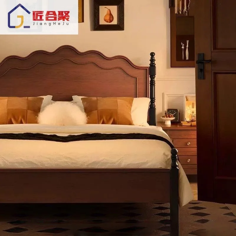 LH solid wood bed simple double medieval master bedroom light luxury wedding bed furniture