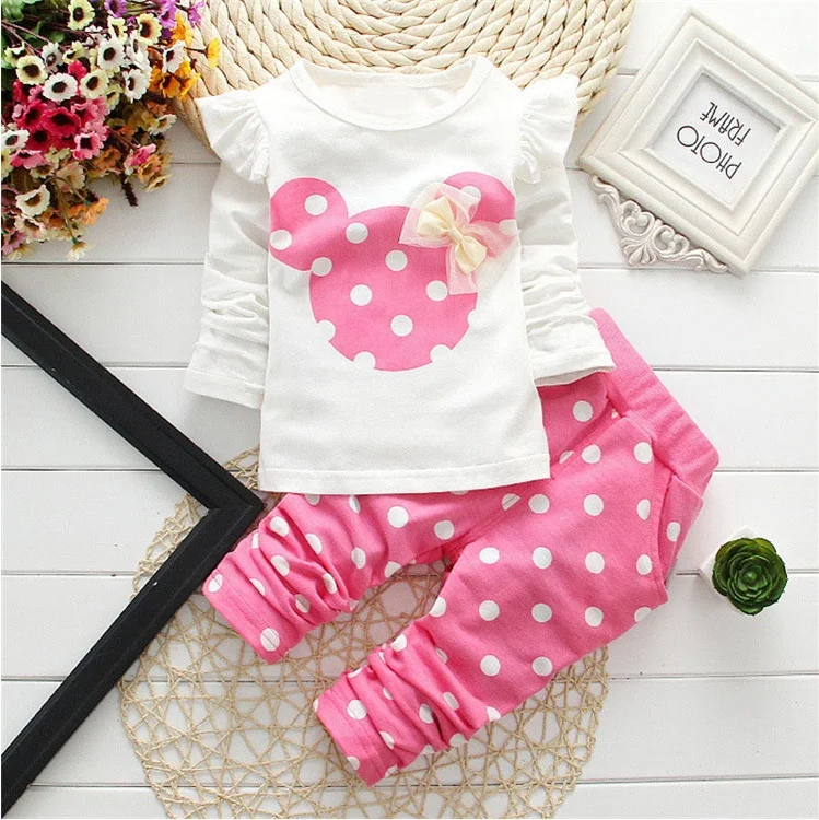 Infant and toddler clothing baby pure cotton polka dot long sleeved set boys and girls T-shirt shorts, two-piece casual sport