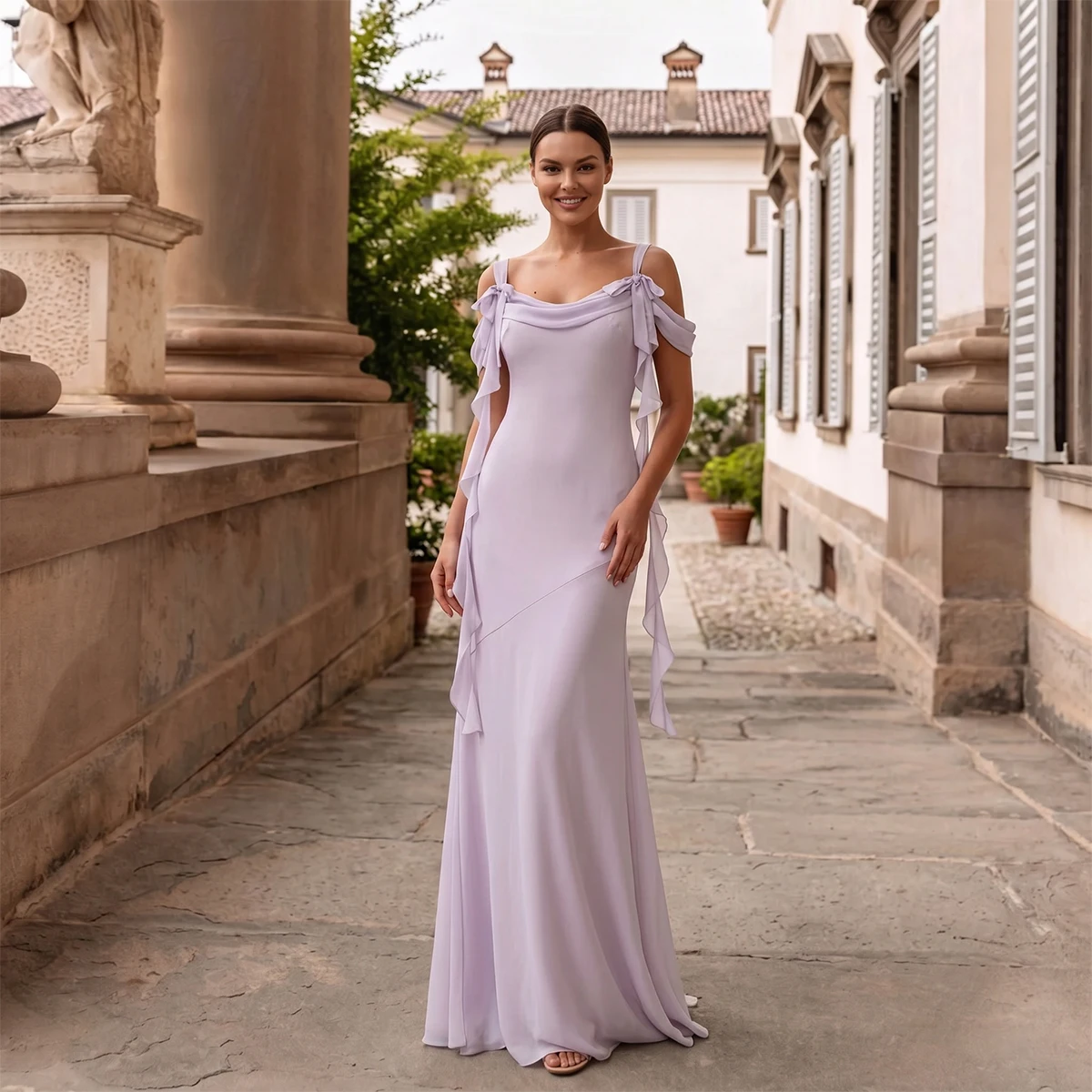 

Classic Ruffle Chiffon Bridesmaid Dresses Long Mermaid Evening Gown Pleated Off Shoulder Formal Dress For Women