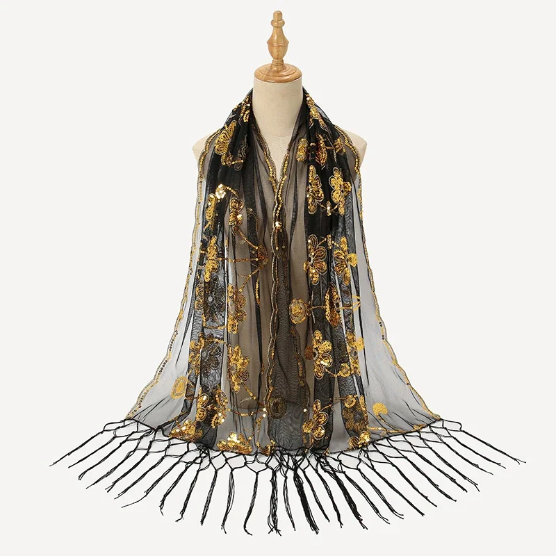 Elegant Embroidery Evening Dress Party Shawl Women Glitter Sequins Mariage Wraps Boleros Shrugs Women Tassel Wedding Shawls Cape