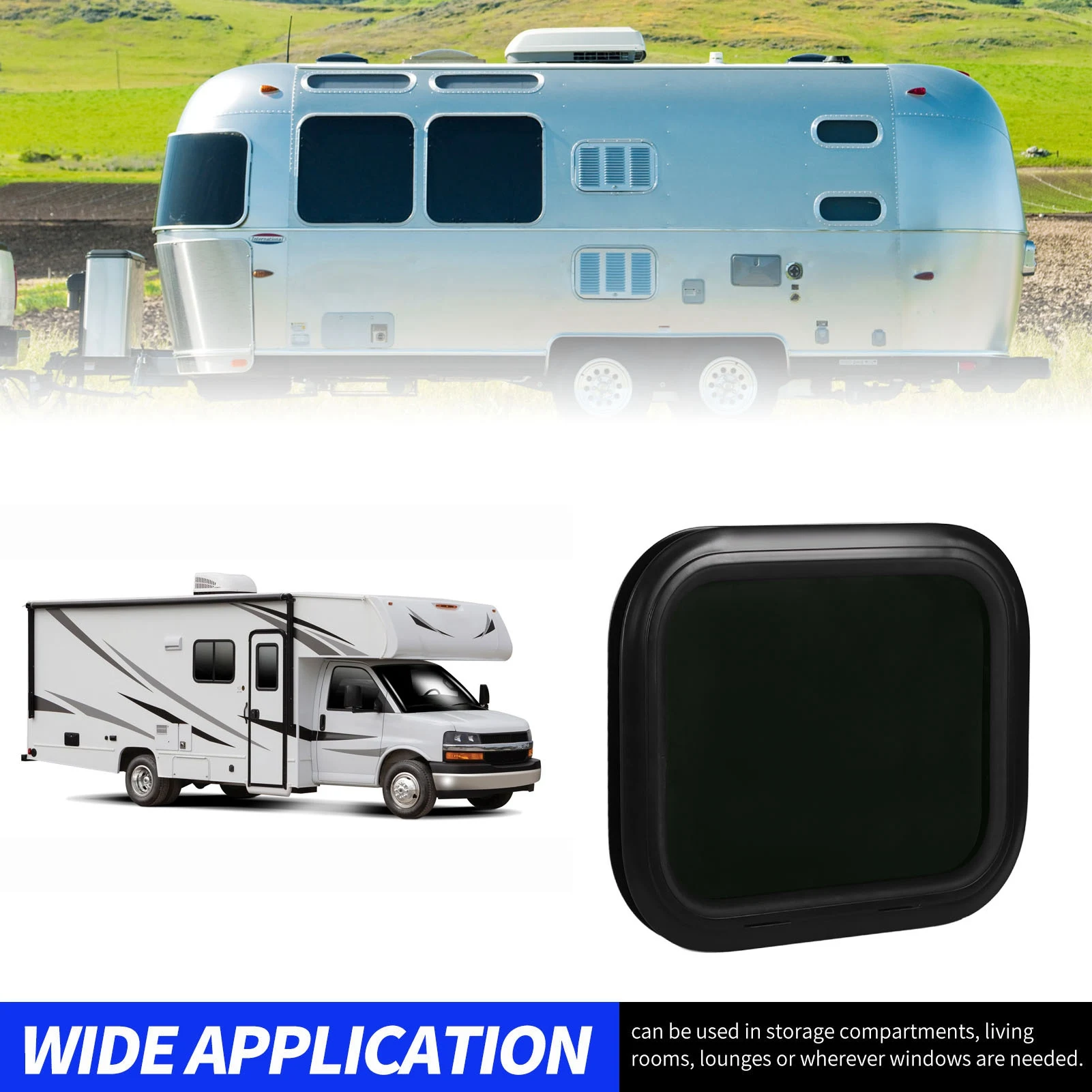 

450x300mm Fixed RV Window Aluminum Alloy Waterproof Black Round Corner with Tempered Glass for Campervan Privacy UV Protection