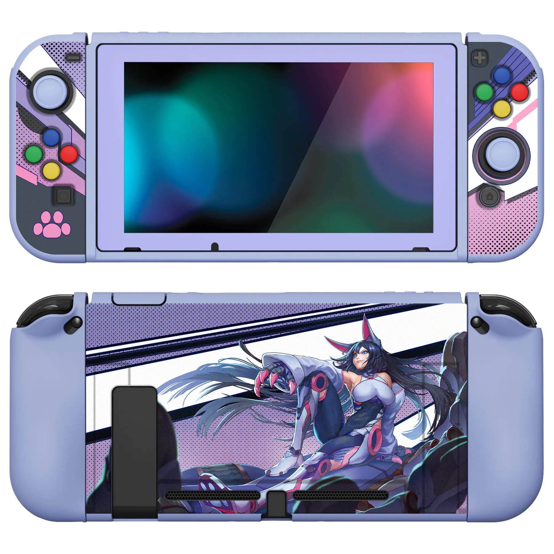 PlayVital ZealProtect Protective Soft Case Cover for Nintendo Switch with Glass Screen Protector & Thumb Grips - Neko Mecha