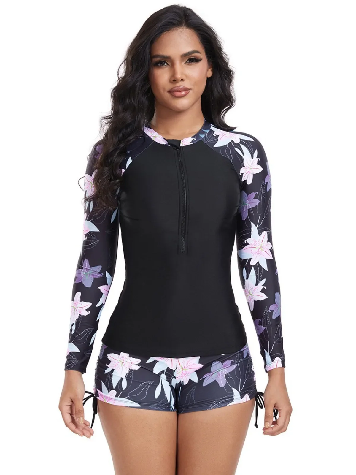 スポーツ水着 レディース プリント ツーピース サーフィンスーツ 長袖 コンサバティブ ハイウエスト ジッパー ビキニセット 水着 2025年新作