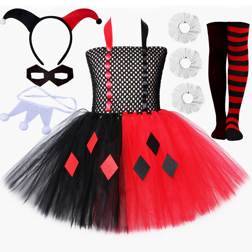 Black Red Harley Joker Costume for Girls Halloween Fancy Tutu Dress Toddler Kids Carnival Party Villain Clown Dress Up Clothes