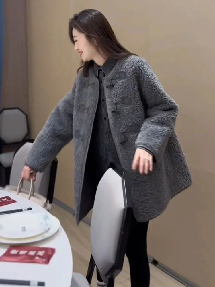 2025 New Korean Style plus Size Grey Fleece Thickened Sheepskin Coat Women's Autumn Winter Medium Length Button up Outerwear
