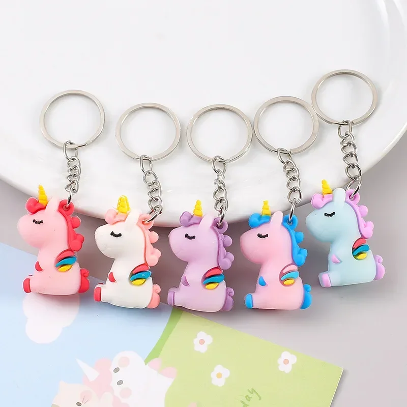 Cute Keychain Pendant Soft Glue Creative Key Ring Doll Rainbow Pony Car Accessories Interior Ornaments Kid Birthday Gift