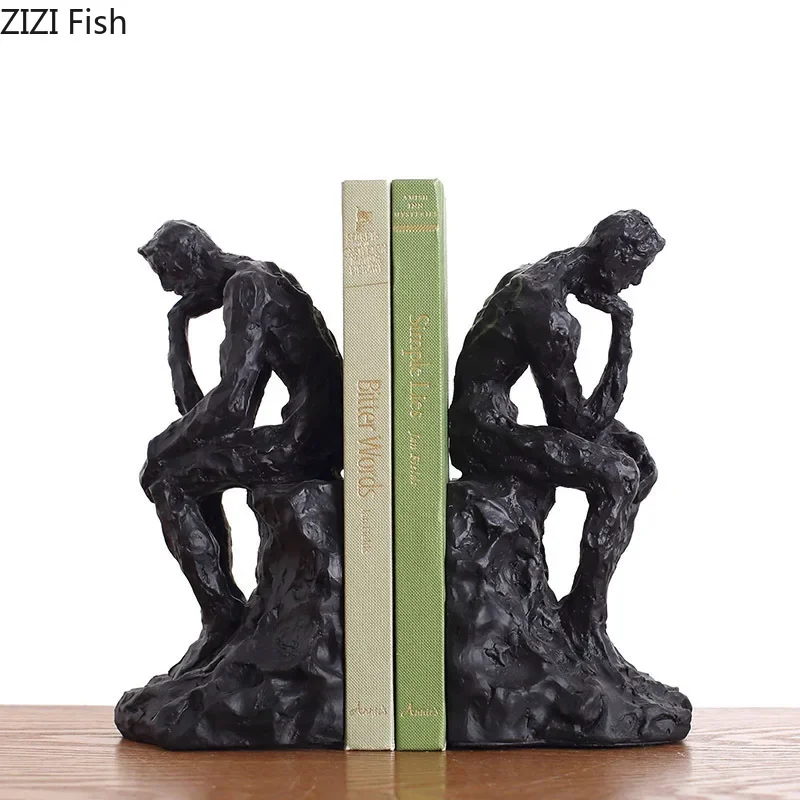 Black Thinker Reader Sculpture Library Bookshelf Bookend Abstract Character Resin Statue Desk Decoration Figures Statuette