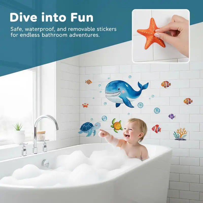 6Pcs Non-Slip Bathtub Stickers Cartoon Coral Crab Design Waterproof Decor Decals for Home Bathroom Shower Floor Safety