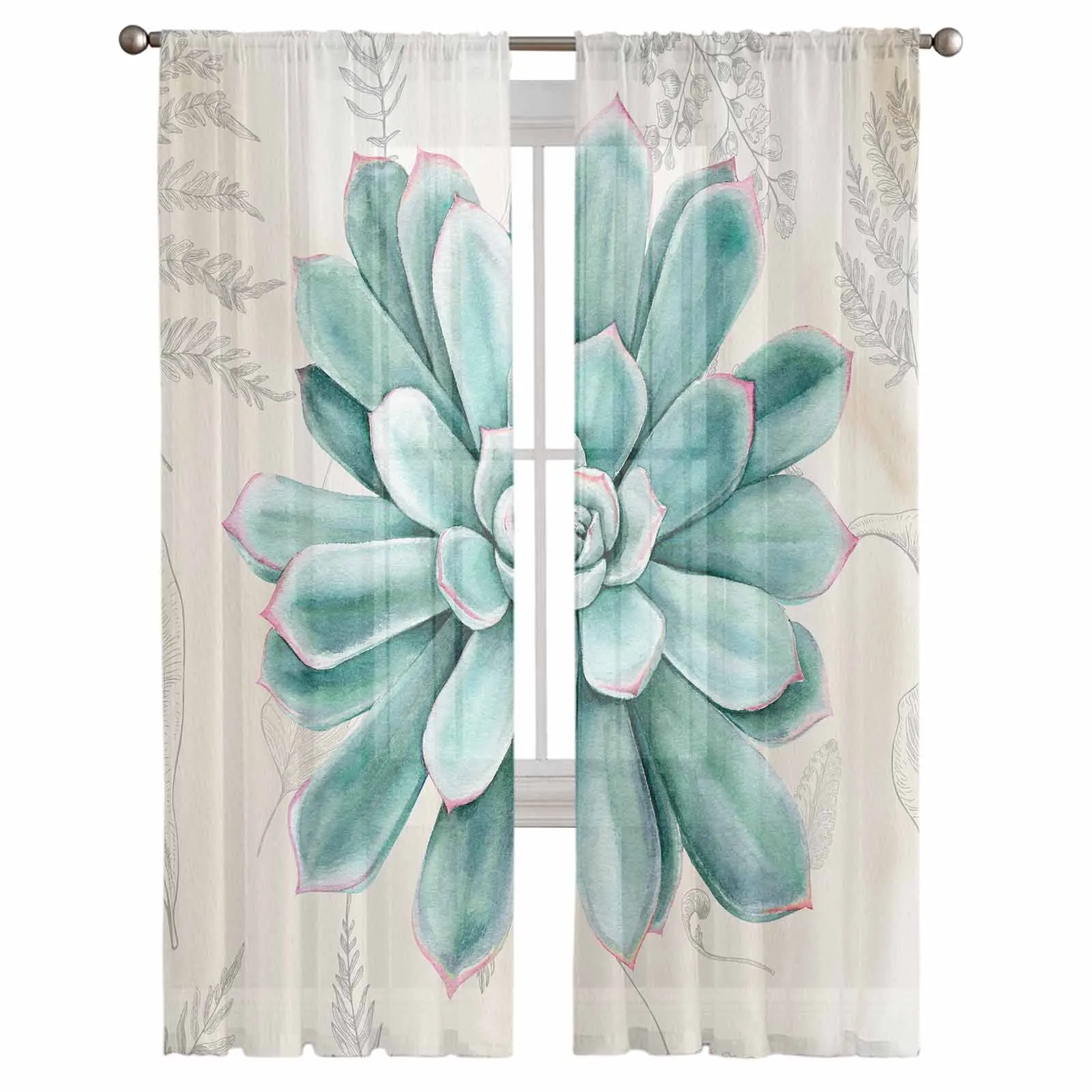 Vintage Succulents Tulle Curtains for Living Room Sheer Curtain for Bedroom Kitchen Blinds Voile Curtains