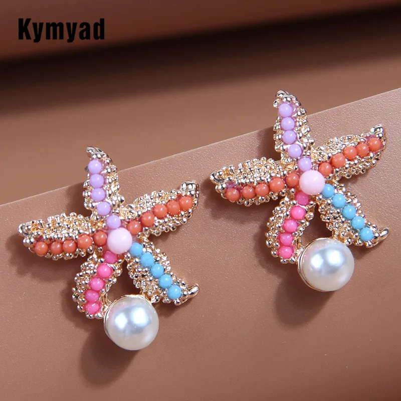 Kymyad Korean Fashion Colorful Beads Seastar Women's Earrings Gold Color Simulated Pearl Jewelry Stud Earrings For Women Ladies