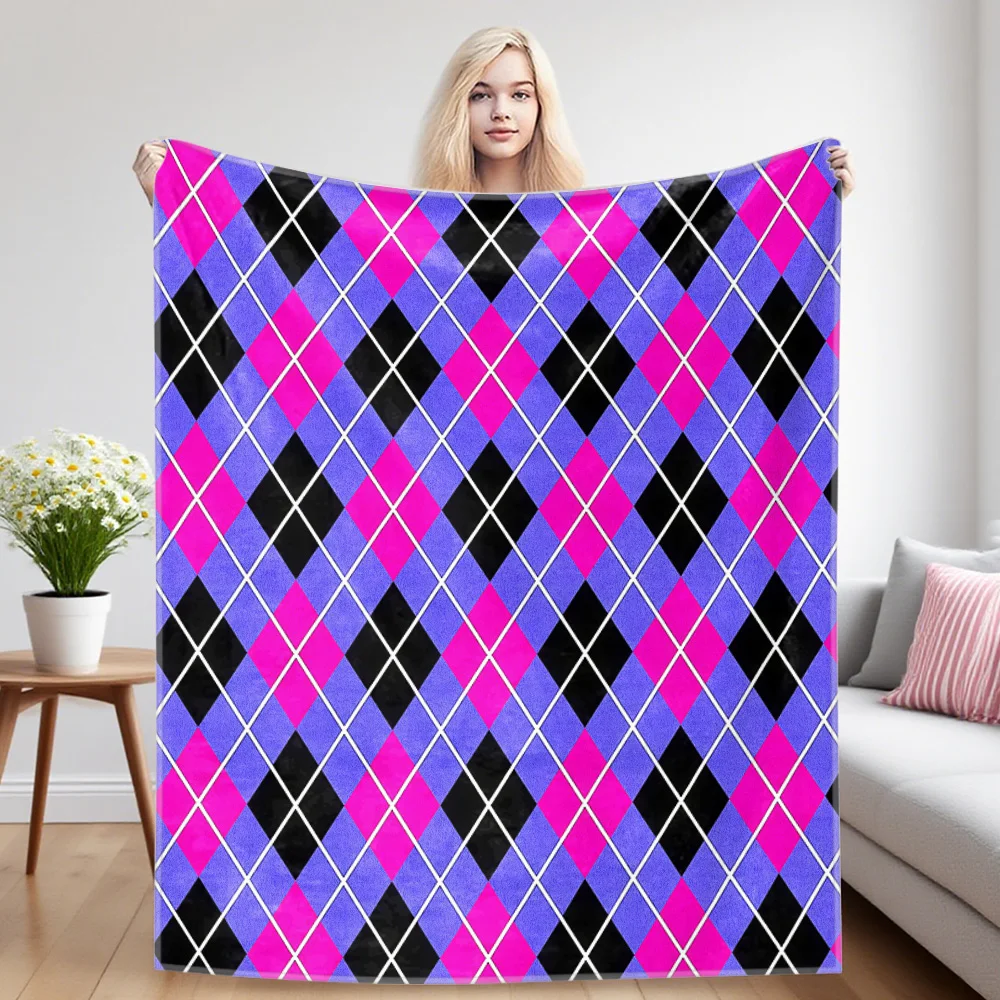 Purple Pink Argyle Sofa Specific Soft Flannel Blanket, Universal Plush Gift Blanket For All Seasons