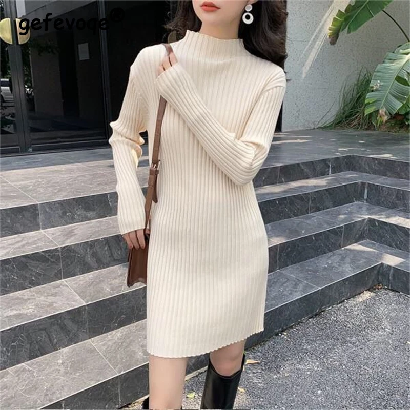 

New Women Fashion Simple Half High Collar Ribbed Knitted Dresses Autumn Winter Casual Long Sleeve Slim Pullover Basic Midi Dress