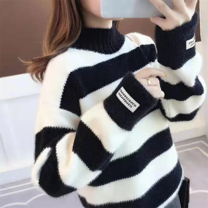 Women Pullover Imitation Mink Knit Korean Lady Half High Collar Long Sleeved Knitwear Autumn Winter Female Large Size 4XLSweater