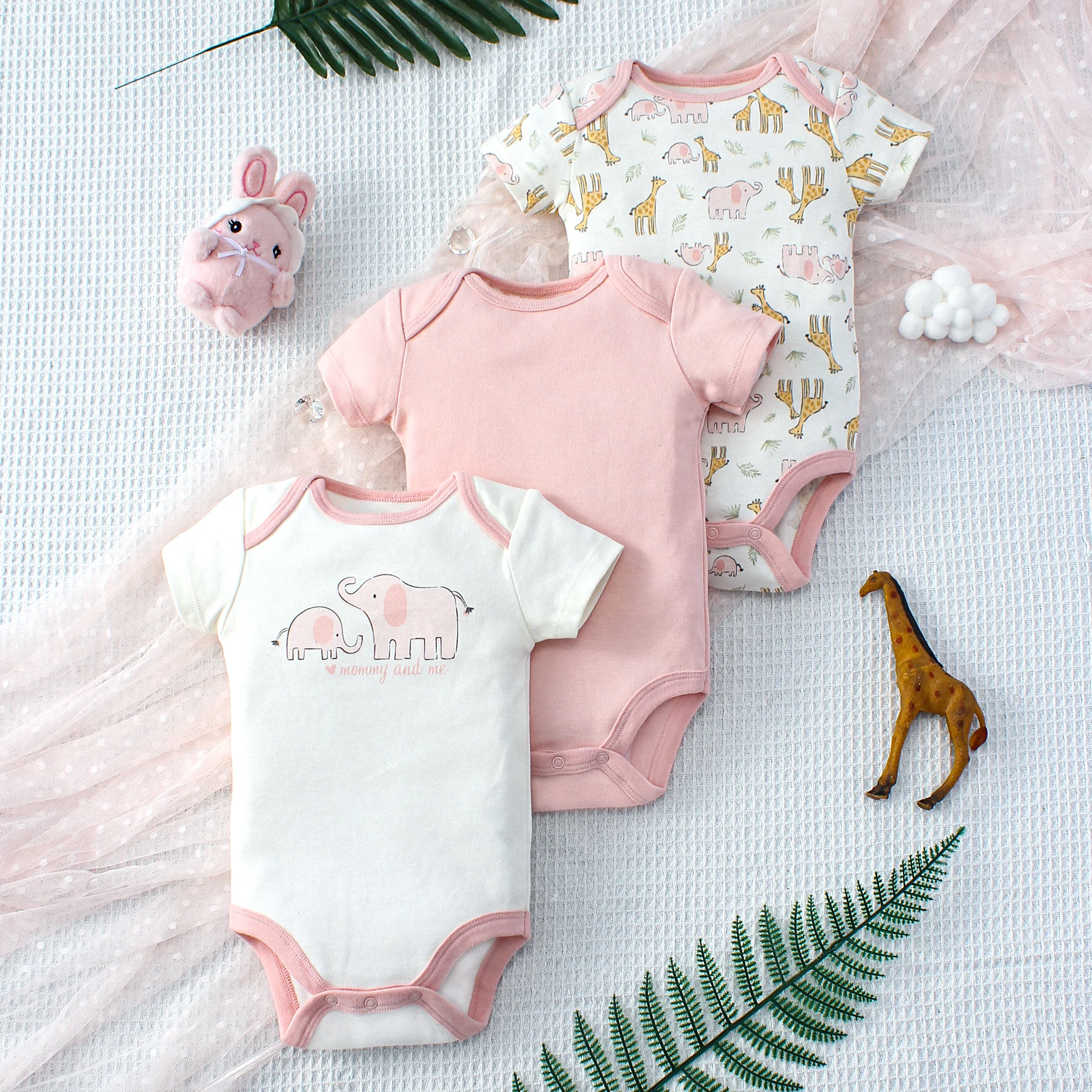 ﻿ 3PCS Summer Baby Girls Three Piece Bodysuit  Animal Kingdom and Elephant Letter Pattern Short Sleeve Bodysuit Mother\'s Day Gif