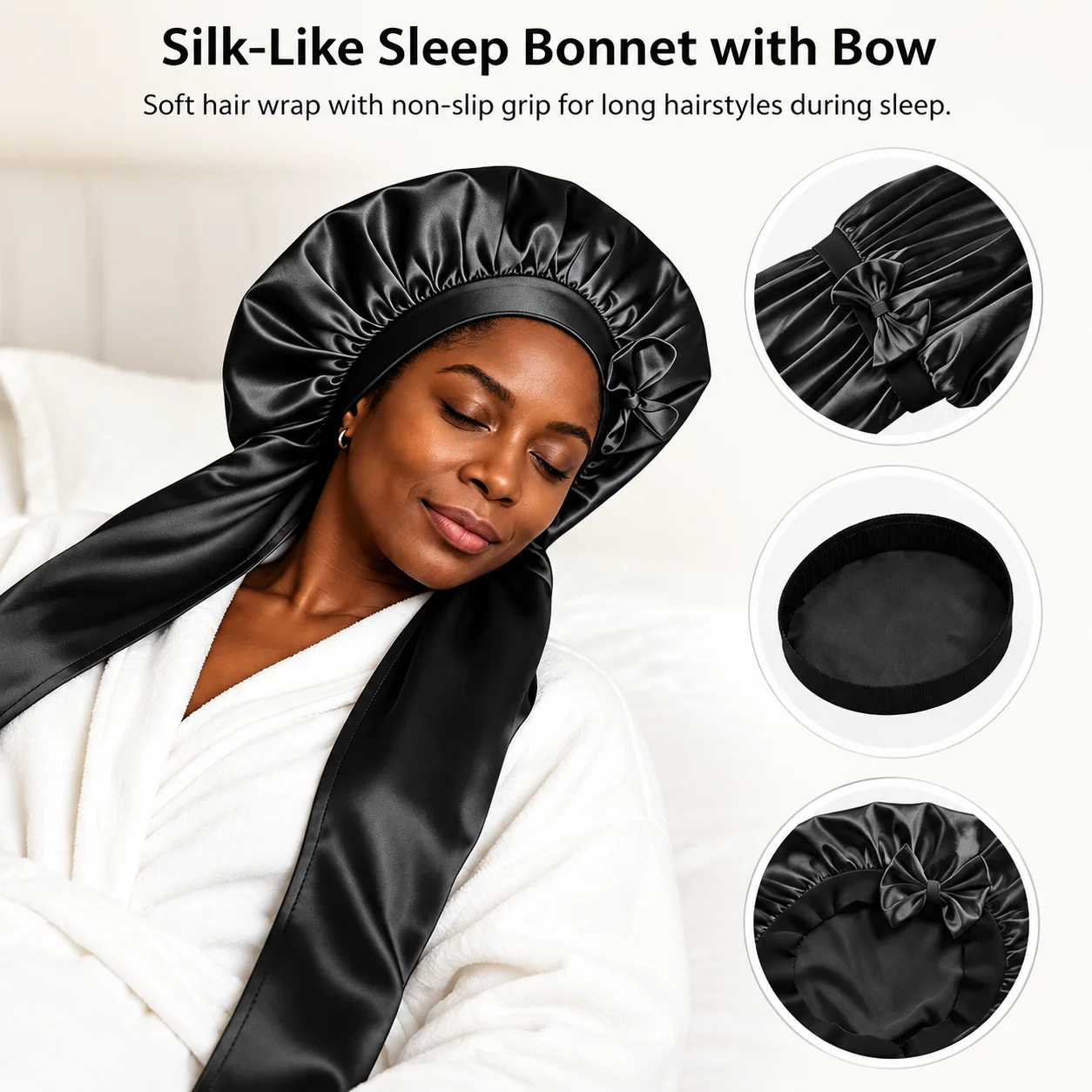 Silk Satin Bonnet Bowknots Design Non Slip Sleeping Overnight Hair Cap For Long Hair Braiding Heatless Blowout Hair Styling Tool