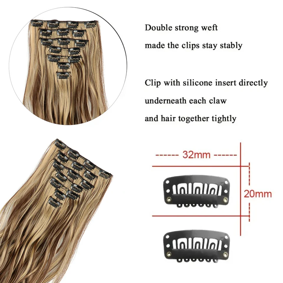 Extensiones de cabello con clip, 7 piezas sintéticas con reflejos, onduladas suaves y largas, 22 pulgadas, gruesas, para mujer 3