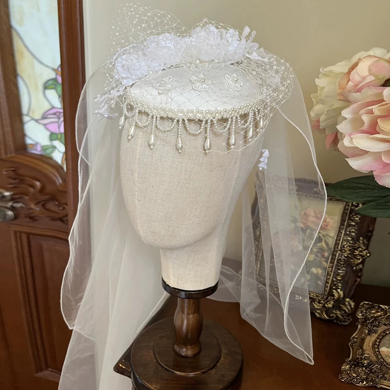 AnXin SH prom white rose flower Lace beading pearls Bridal Hats Evening cocktail party Lolita hats Dinner white lace veil hats