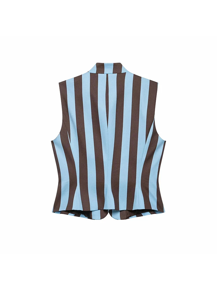 Women Fashion Summer 2026 Women Striped Casual Suit Knots Straight Vest+Zipper Pockets Long Pants Vintage Female Chic Lady Suits - view 4